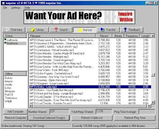 Napster launched on June 1, 1999. What songs (that you totally had the rights to) were you downloading back then?