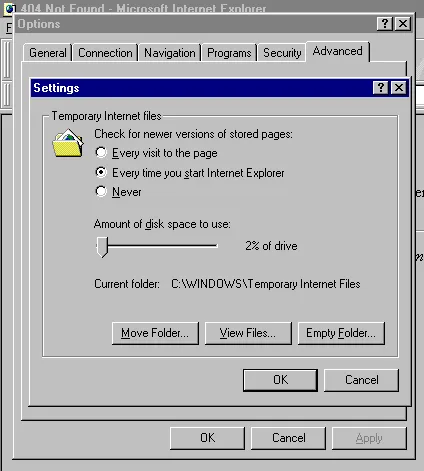 Configuring the temporary internet files in Internet Explorer 3