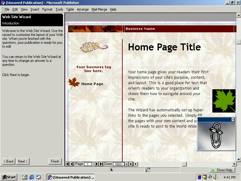 Creating a website in Microsoft Publisher 98