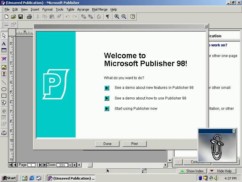 The Microsoft Publisher 98 welcome screen, complete with Clippy!