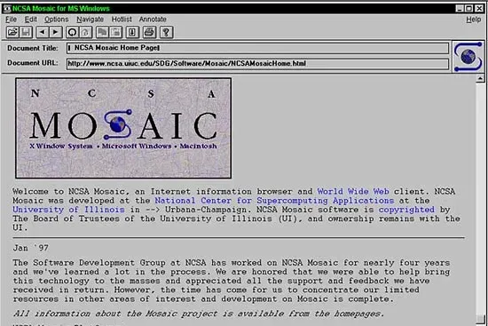 One of the very first web browsers: Mosaic 1.0 was released in 1993.