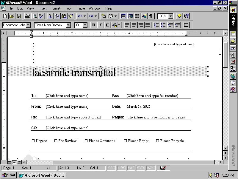 Creating a fax coversheet in Word 95