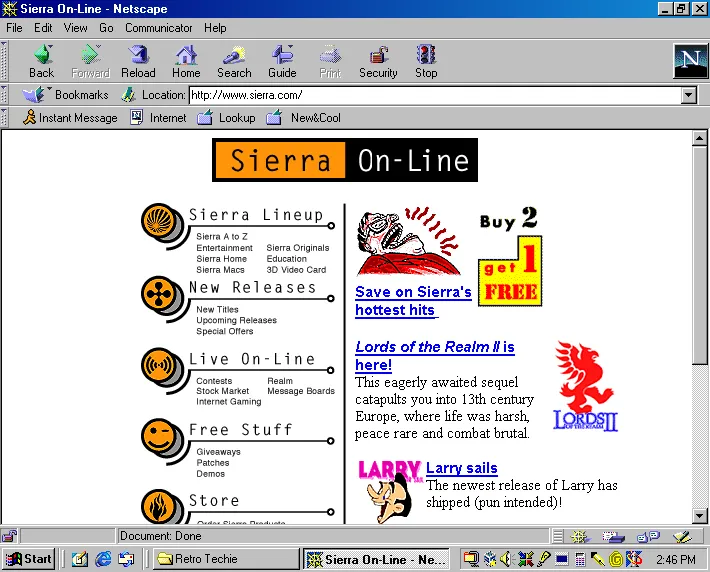 Sierra On-Line’s website in 1996, home of the King’s Quest and Leisure Suit Larry games