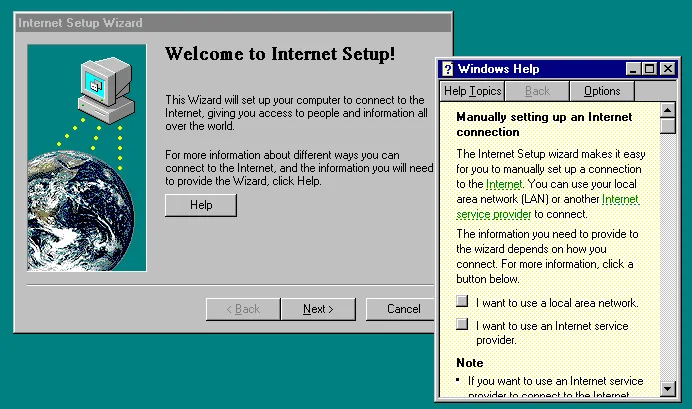 Manually configuring internet settings in Windows 95