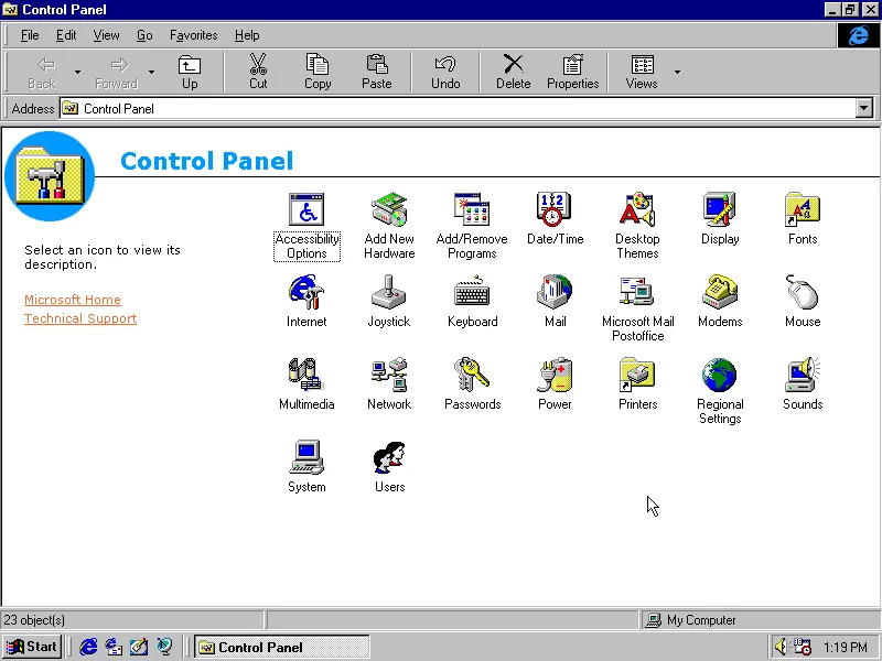 The Control Panel in Windows 95 (after installing IE4)